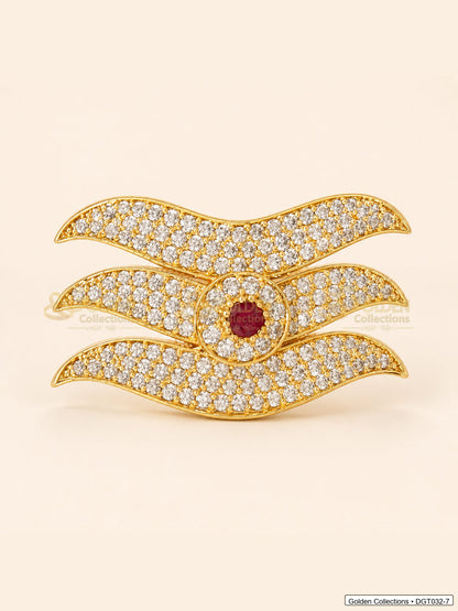 Front view of wave Shiva Tripund tilak bindi with gold tone finish, red center stone and clear CZ-style stones for idol alankaram