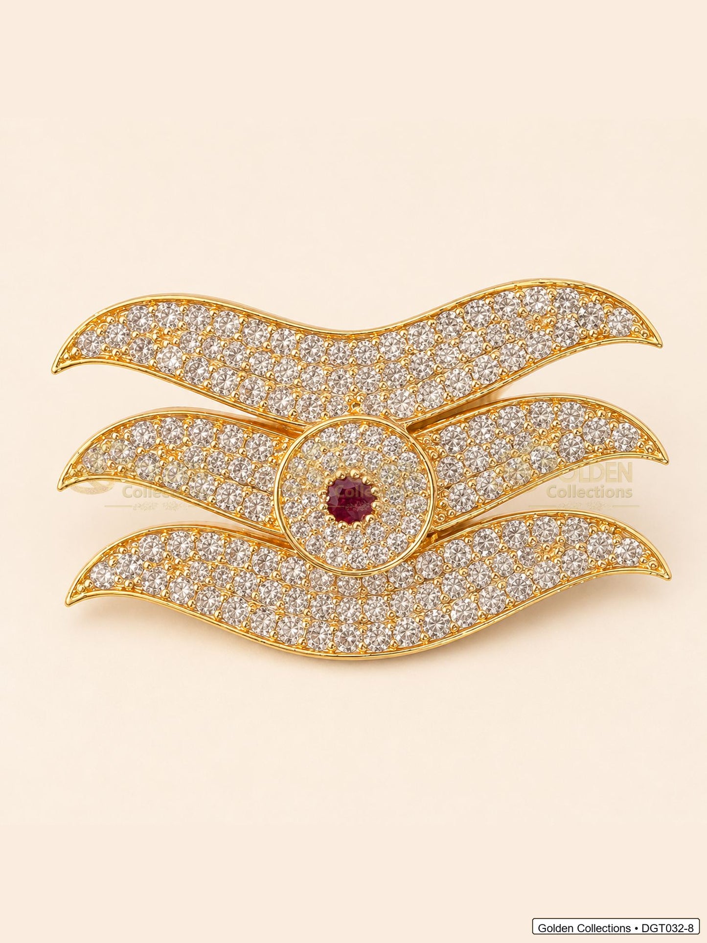 Front view of wave Shiva Tripund tilak bindi with gold tone finish, red center stone and clear CZ-style stones for idol alankaram