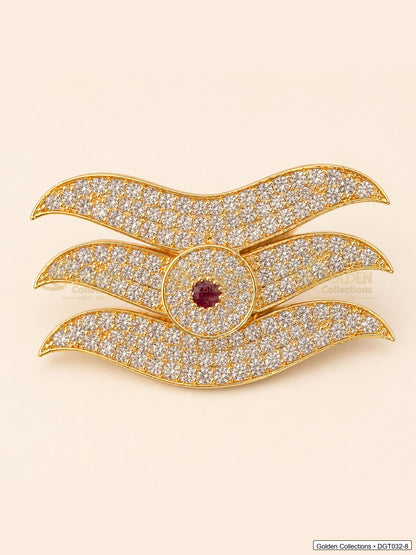 Front view of wave Shiva Tripund tilak bindi with gold tone finish, red center stone and clear CZ-style stones for idol alankaram