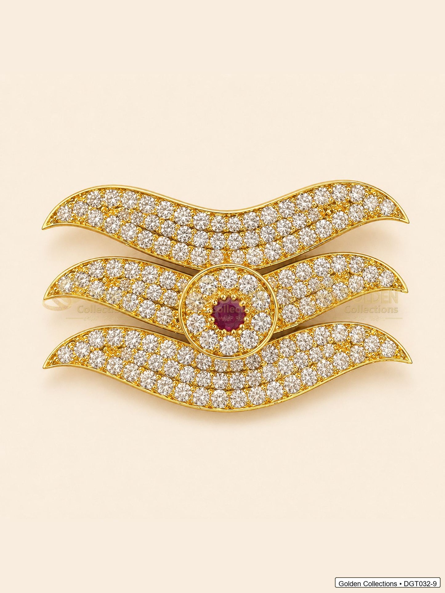 Front view of wave Shiva Tripund tilak bindi with gold tone finish, red center stone and clear CZ-style stones for idol alankaram