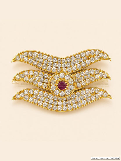 Front view of wave Shiva Tripund tilak bindi with gold tone finish, red center stone and clear CZ-style stones for idol alankaram