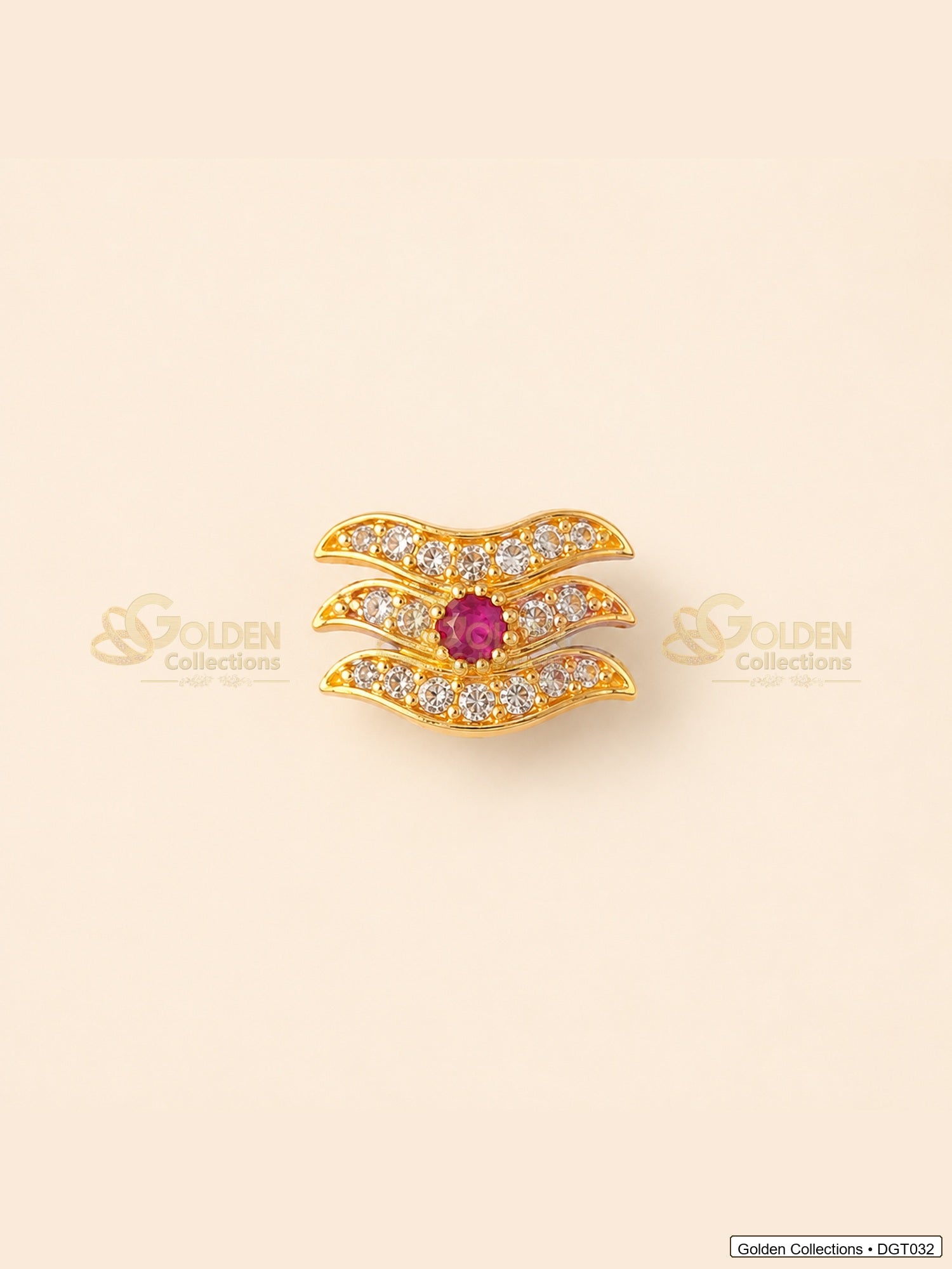 Front view of wave Shiva Tripund tilak bindi with gold tone finish, red center stone and clear CZ-style stones for idol alankaram