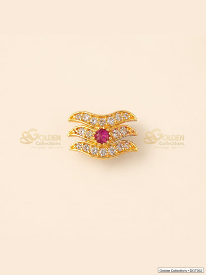 Front view of wave Shiva Tripund tilak bindi with gold tone finish, red center stone and clear CZ-style stones for idol alankaram