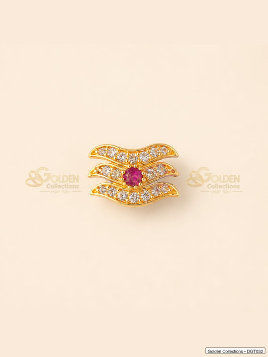 Front view of wave Shiva Tripund tilak bindi with gold tone finish, red center stone and clear CZ-style stones for idol alankaram