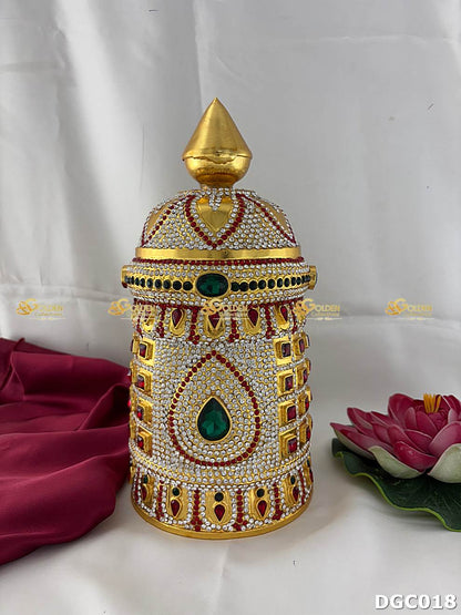 Majestic Balaji Kireetam with kempu and green stones for deity alankaram