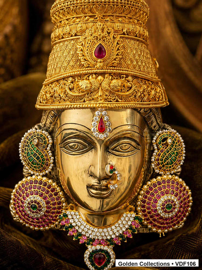 Brass Varalakshmi face with Green Jadau Earrings and AD-stone necklace close-up