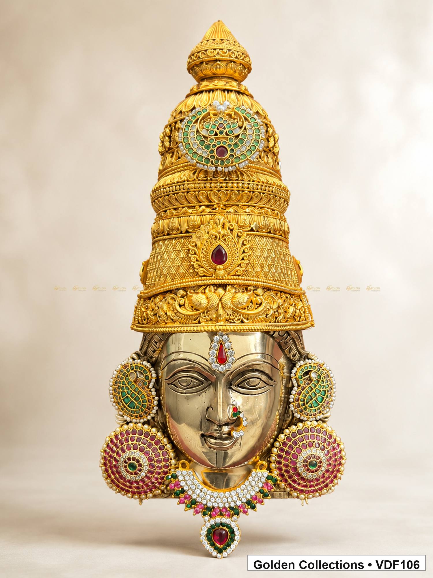 Fully Decorated Brass Varalakshmi Face with Nakshi Crown and Green Jadau Earrings complete front view with crown earrings and necklace