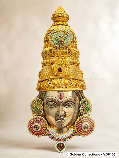 Fully Decorated Brass Varalakshmi Face with Nakshi Crown and Green Jadau Earrings complete front view with crown earrings and necklace