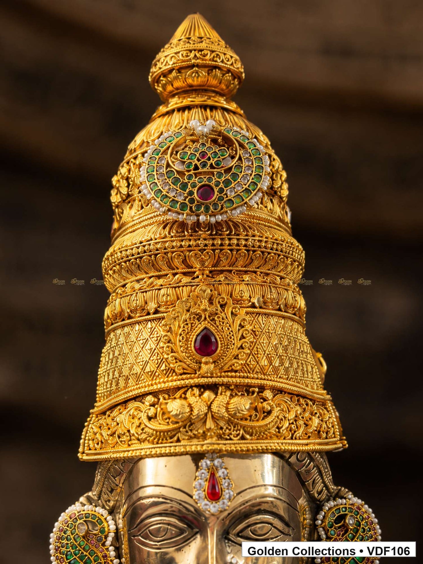 Gold-plated Nakshi crown and Jadau Kundan medallion close-up for Fully Decorated Brass Varalakshmi Face with Nakshi Crown and Green Jadau Earrings