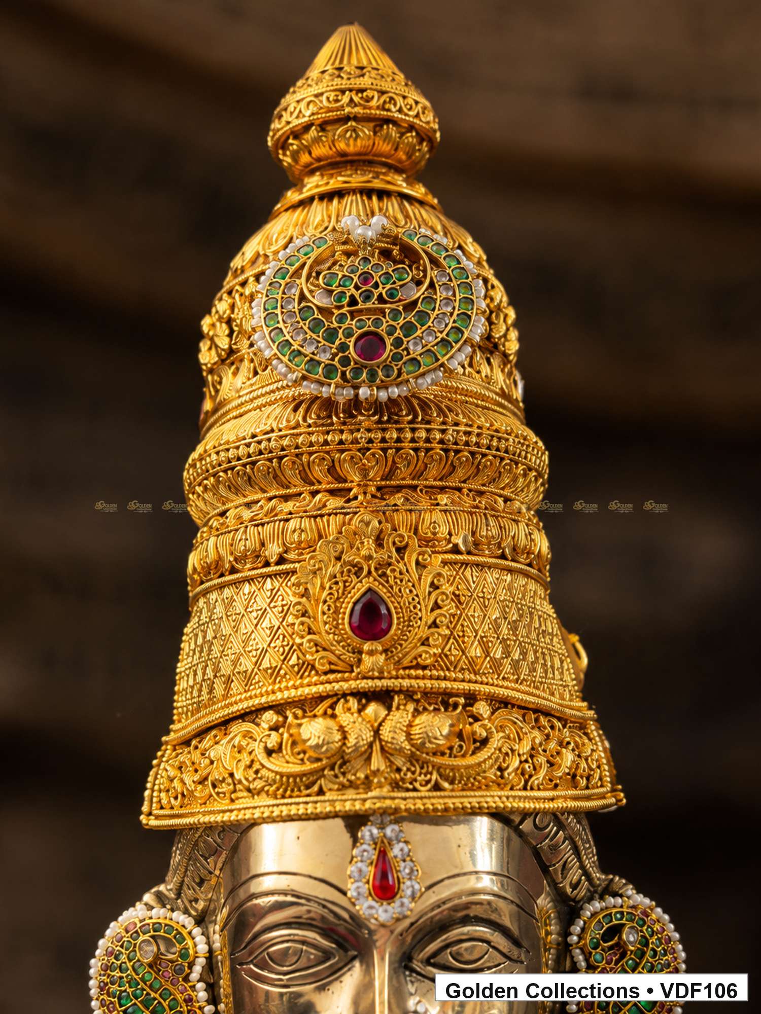 Gold-plated Nakshi crown and Jadau Kundan medallion close-up for Fully Decorated Brass Varalakshmi Face with Nakshi Crown and Green Jadau Earrings