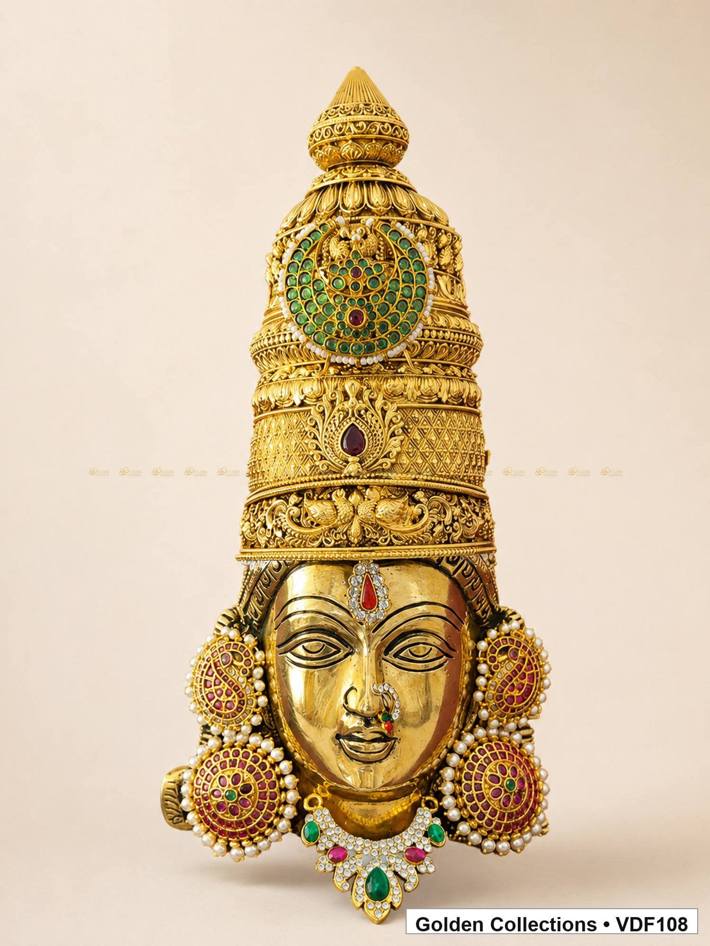 Fully Decorated Brass Varalakshmi Face with Nakshi Crown and Green Teardrop AD Necklace complete front view with crown earrings and necklace