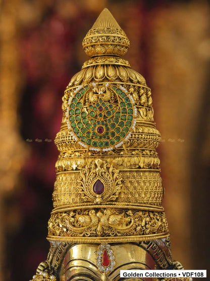 Gold-plated Nakshi crown and Jadau Kundan medallion close-up for Fully Decorated Brass Varalakshmi Face with Nakshi Crown and Green Teardrop AD Necklace