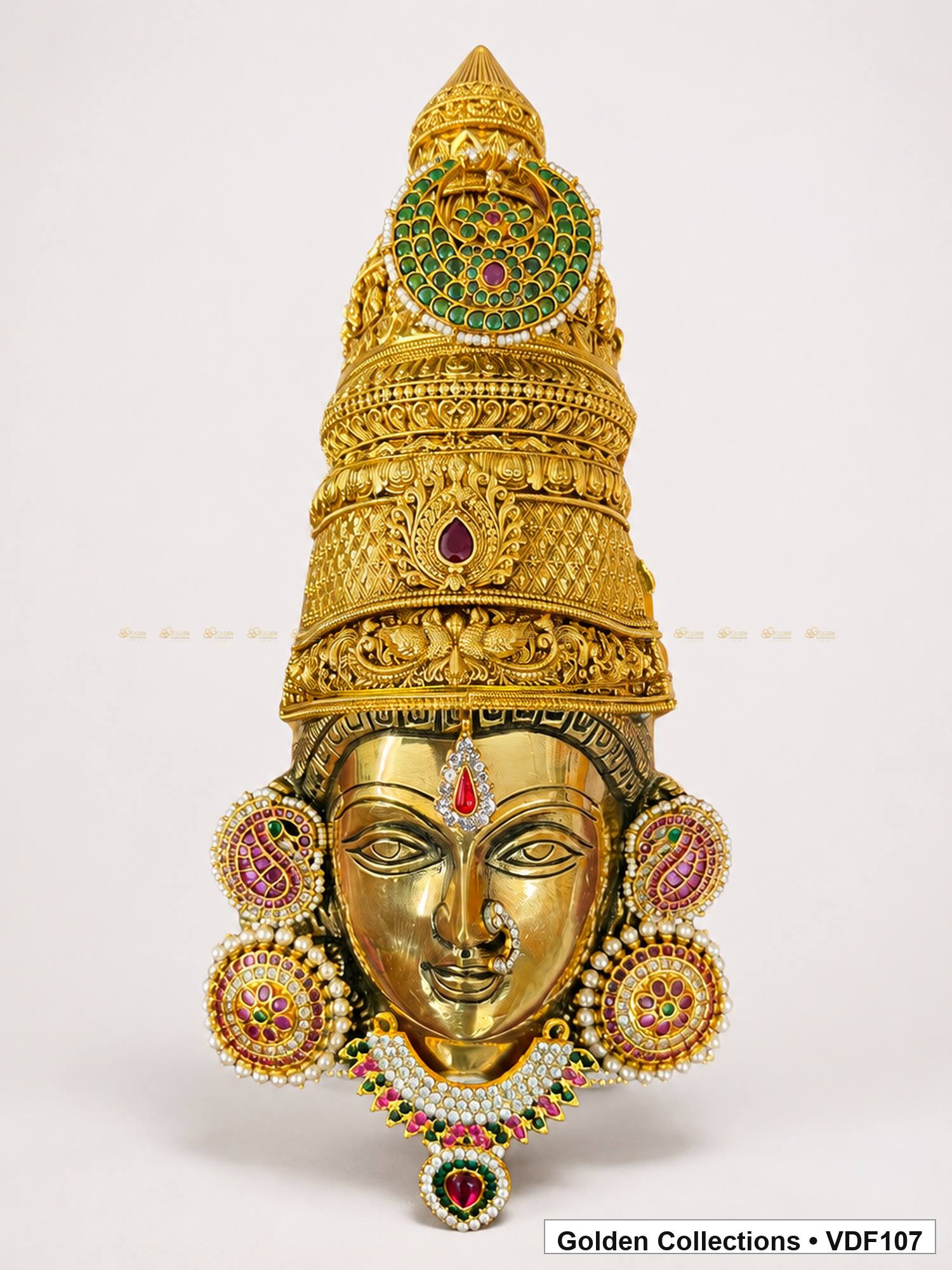 Fully Decorated Brass Varalakshmi Face with Nakshi Crown and Pink Jadau Earrings complete front view with crown earrings and necklace