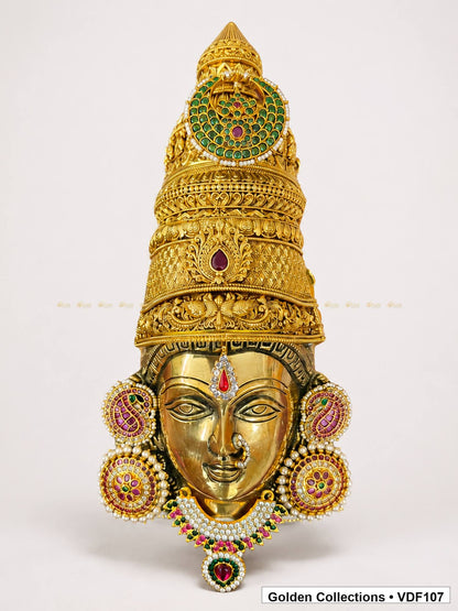 Fully Decorated Brass Varalakshmi Face with Nakshi Crown and Pink Jadau Earrings complete front view with crown earrings and necklace