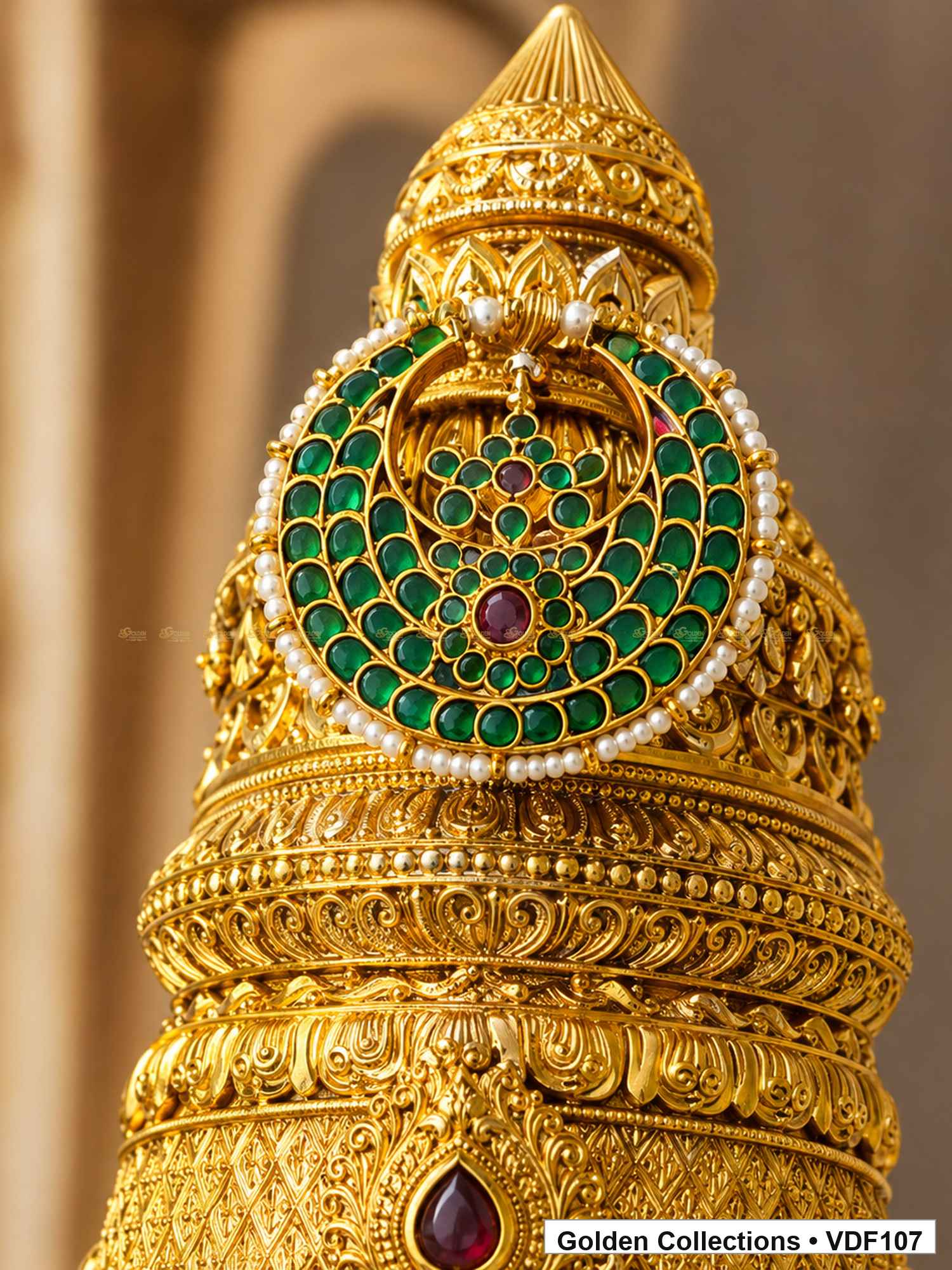 Gold-plated Nakshi crown and Jadau Kundan medallion close-up for Fully Decorated Brass Varalakshmi Face with Nakshi Crown and Pink Jadau Earrings