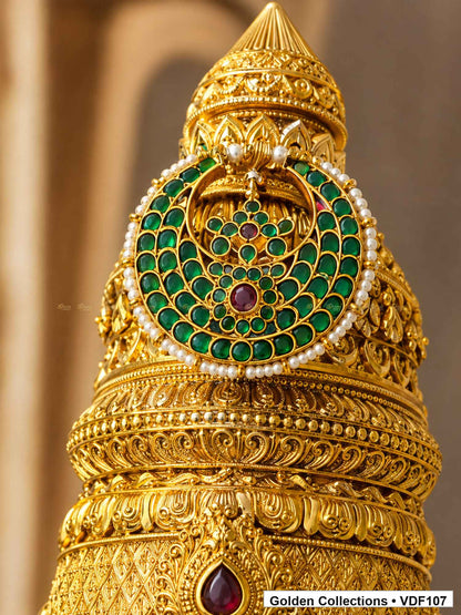 Gold-plated Nakshi crown and Jadau Kundan medallion close-up for Fully Decorated Brass Varalakshmi Face with Nakshi Crown and Pink Jadau Earrings