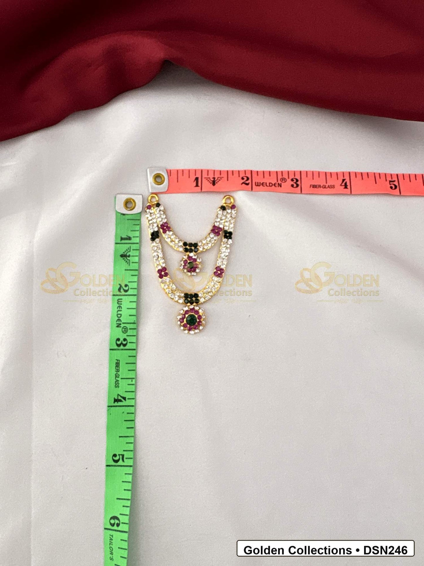 Measurement photo showing 3 x 1.5 Inches deity short necklace with measuring tape for goddess idol alankaram