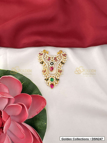 Front view of Goddess Idol Floral Short Necklace with Pearl Drops showing floral short necklace shape with pearl-like drops, pink and green stones and gold-tone setting
