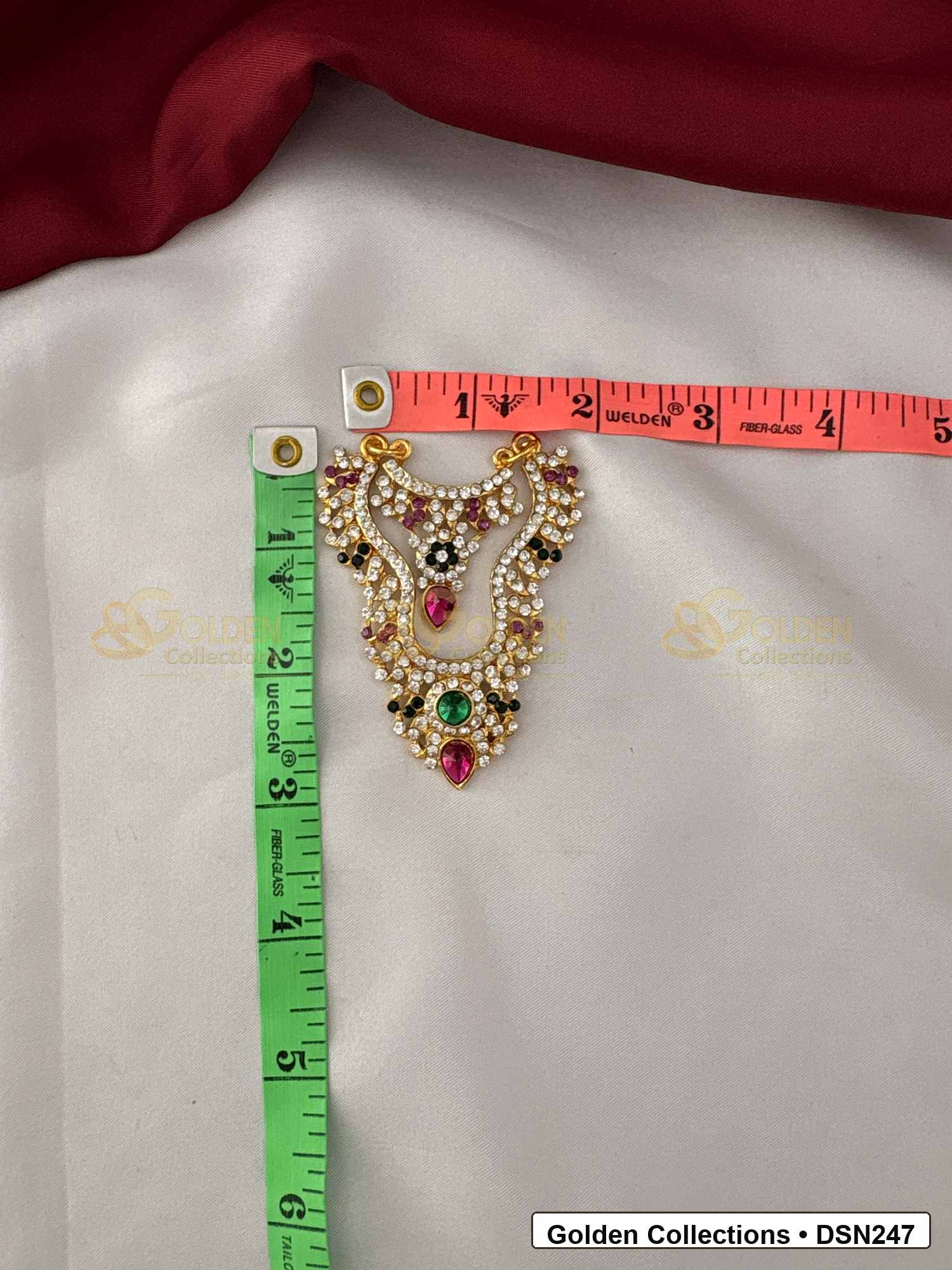 Measurement photo showing 3 x 1.5 Inches deity short necklace with measuring tape for goddess idol alankaram