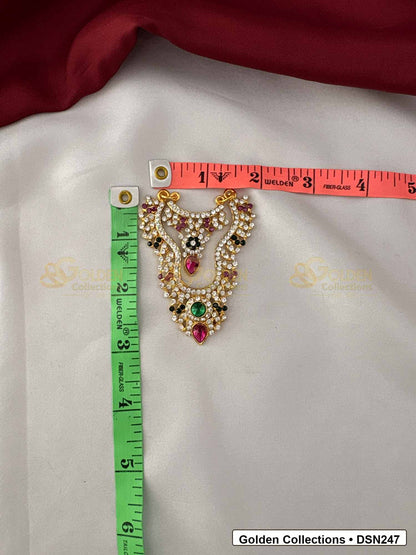 Measurement photo showing 3 x 1.5 Inches deity short necklace with measuring tape for goddess idol alankaram
