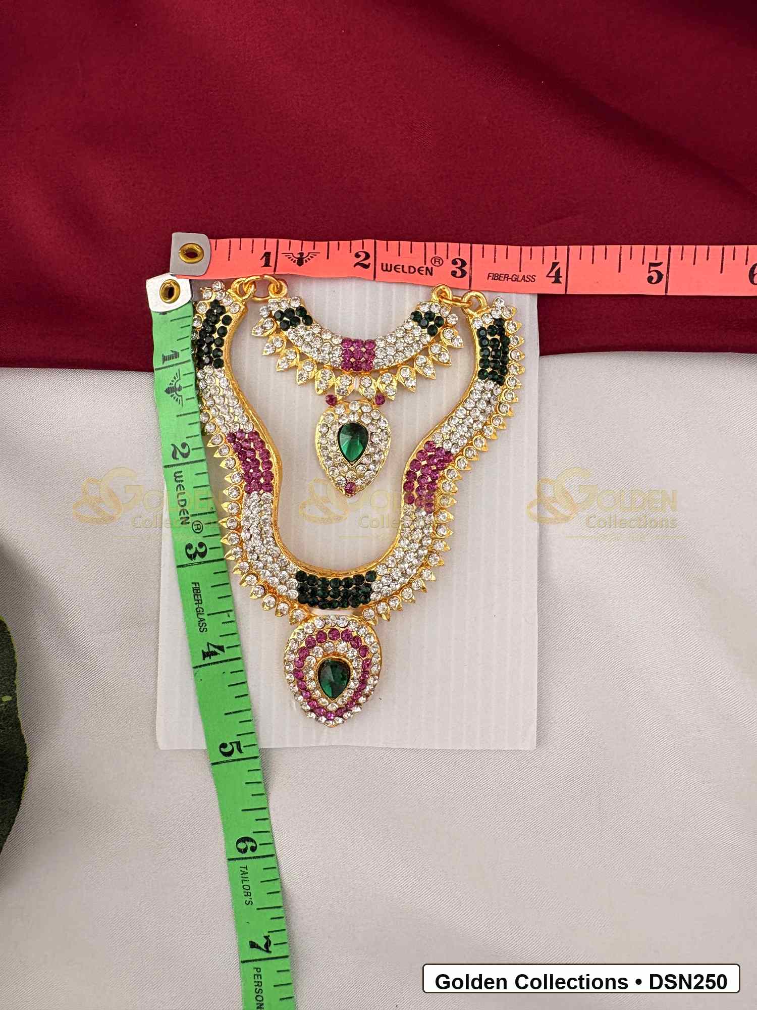 Measurement photo showing 5 x 2.25 Inches deity short necklace with measuring tape for goddess idol alankaram