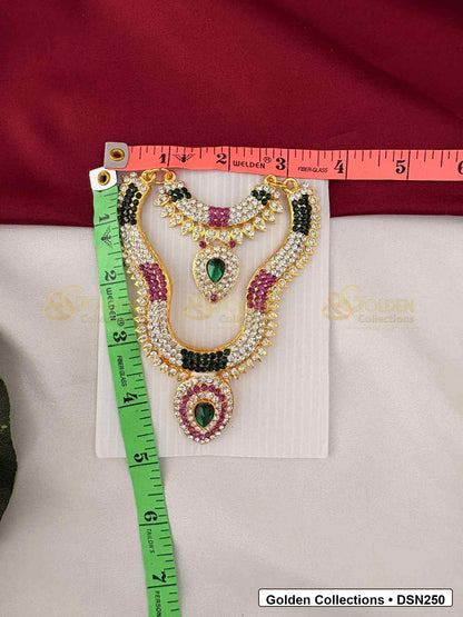 Measurement photo showing 5 x 2.25 Inches deity short necklace with measuring tape for goddess idol alankaram
