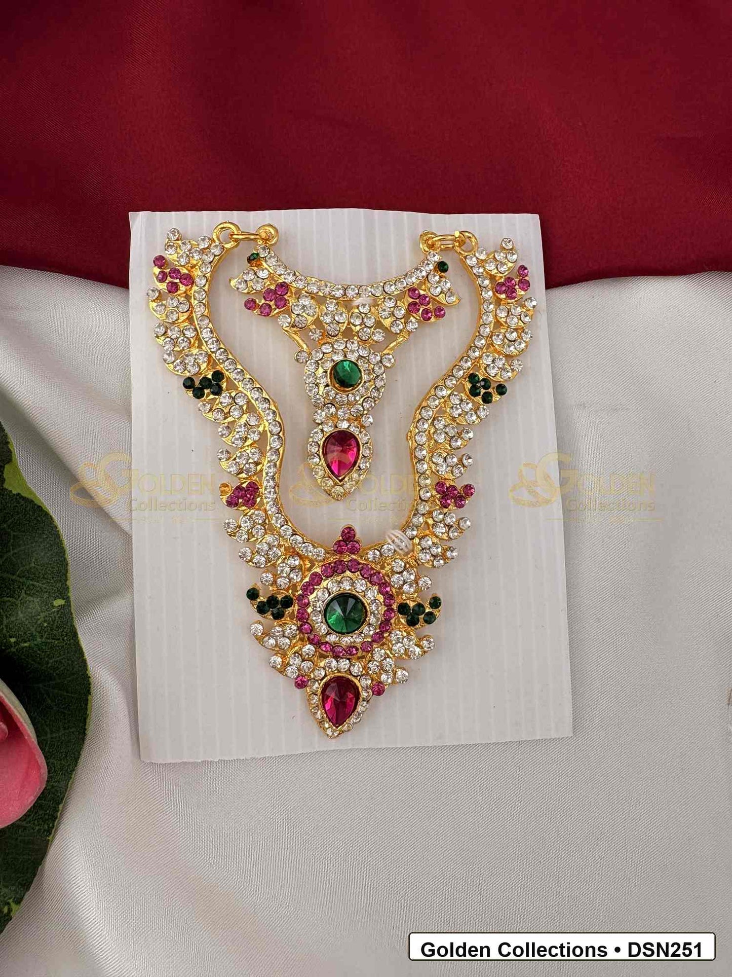 Front view of Goddess Idol Short Necklace with Pink Green Pendant showing short necklace with pink and green pendant details, black-green side accents, pearl-like rows and gold-tone finish