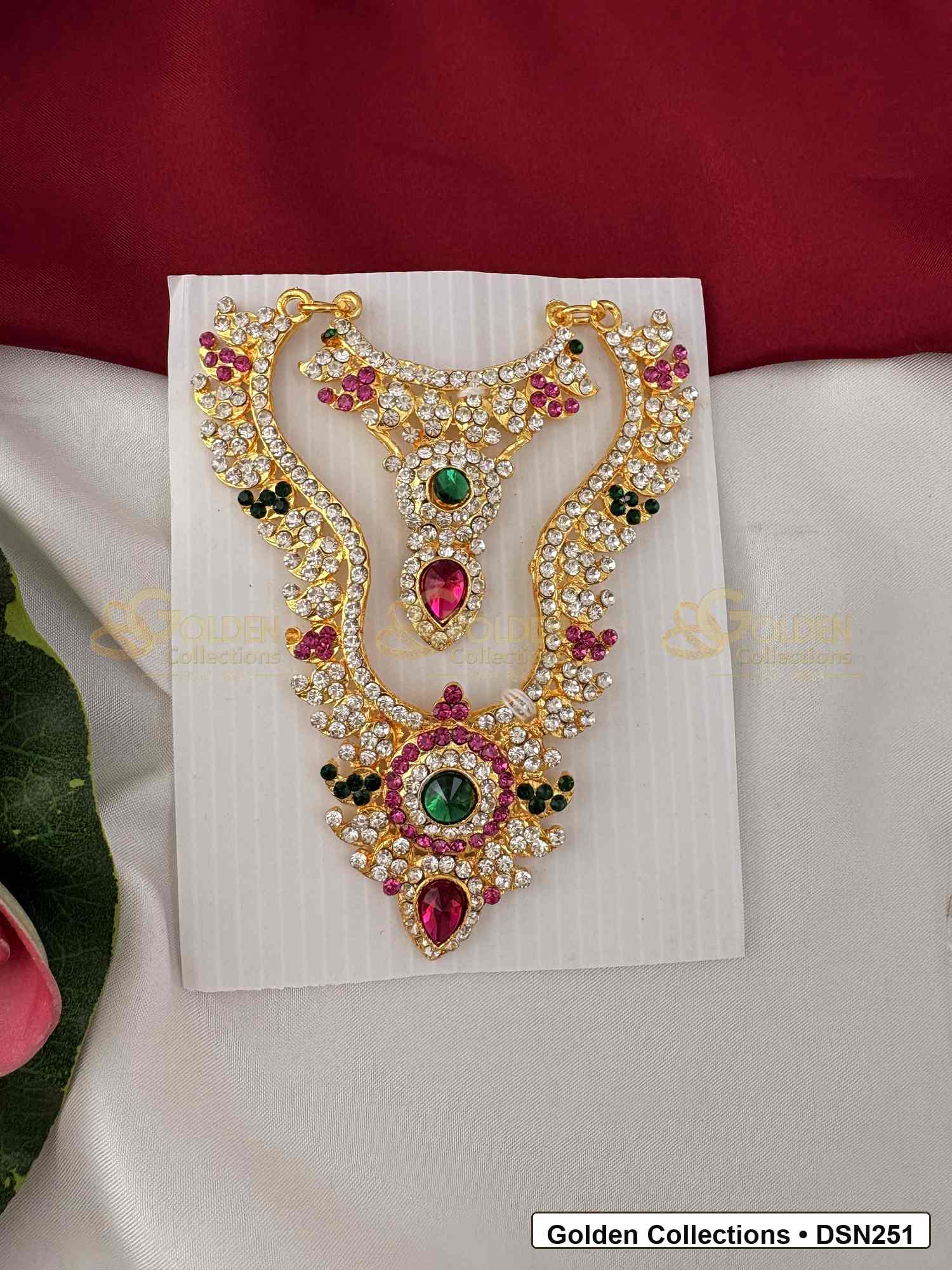 Front view of Goddess Idol Short Necklace with Pink Green Pendant showing short necklace with pink and green pendant details, black-green side accents, pearl-like rows and gold-tone finish