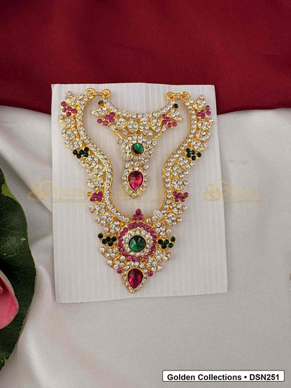 Front view of Goddess Idol Short Necklace with Pink Green Pendant showing short necklace with pink and green pendant details, black-green side accents, pearl-like rows and gold-tone finish