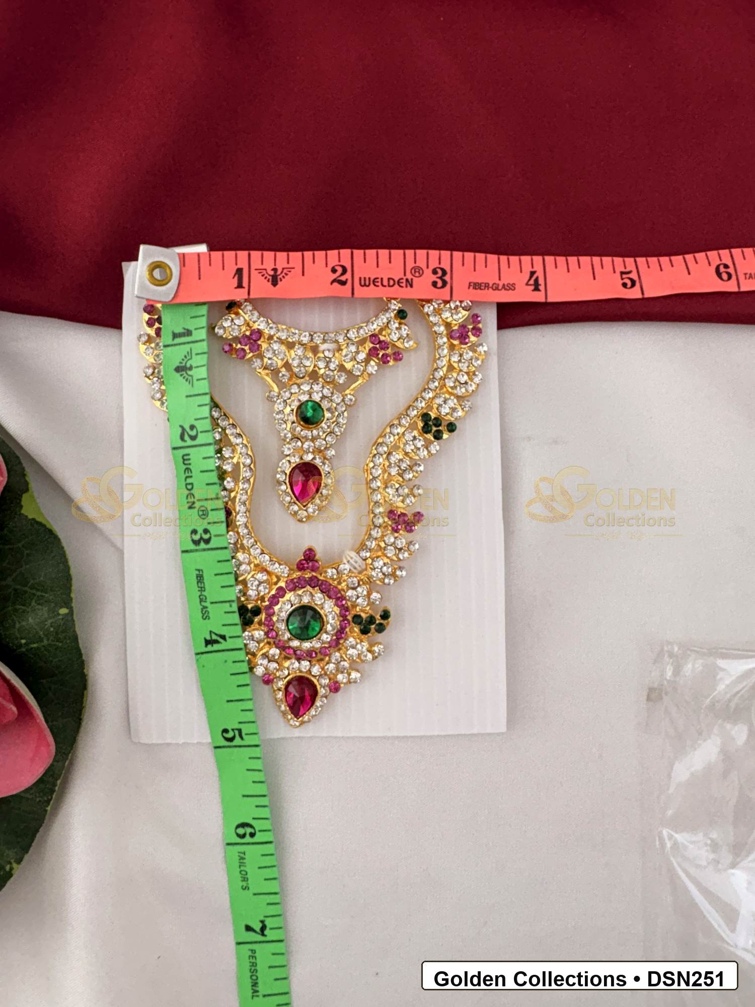 Measurement photo showing 4.5 x 2.25 Inches deity short necklace with measuring tape for goddess idol alankaram