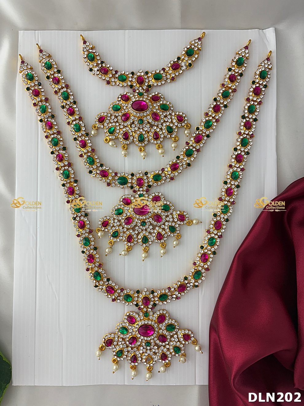 Lakshmi / Amman White Green & Pink Stones 3 Step Long Haram DLN202 deity long haram image 1