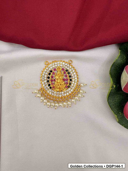 Goddess Motif Round Deity Pendant for Idol Alankaram front view showing round goddess motif deity pendant with gold-tone center, pink and green accent stones, clear stone border and pearl-style bead edge for idol alankaram