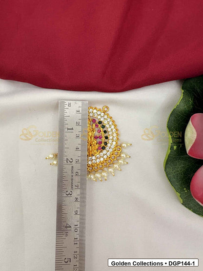 Measurement photo showing 2.25 x 2 Inches goddess motif round deity pendant for idol alankaram with ruler for idol alankaram