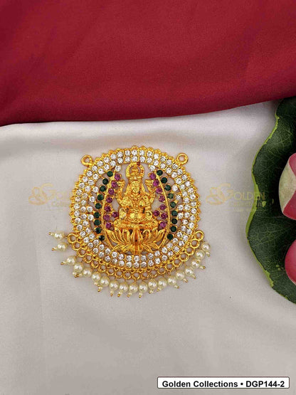 Goddess Motif Round Deity Pendant for Idol Alankaram front view showing round goddess motif deity pendant with gold-tone center, pink and green accent stones, clear stone border and pearl-style bead edge for idol alankaram