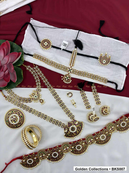 Nine-piece real kemp Bharatanatyam dance jewellery set with rakodi, belt and mattal full set view
