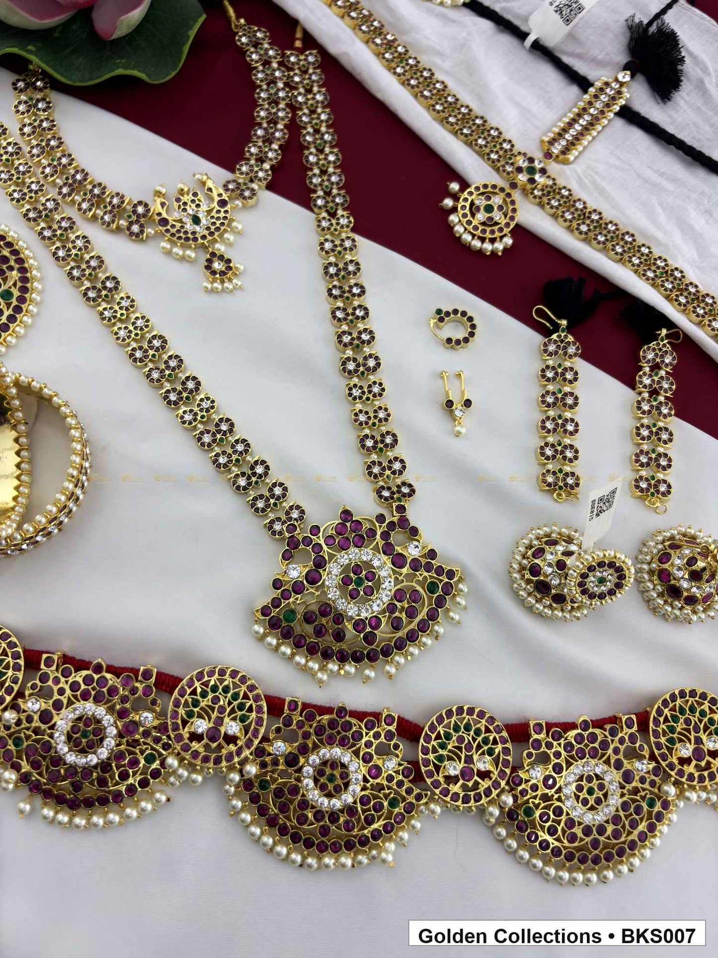 Nine-piece real kemp Bharatanatyam dance jewellery set with rakodi, belt and mattal alternate view showing necklace layers and accessories