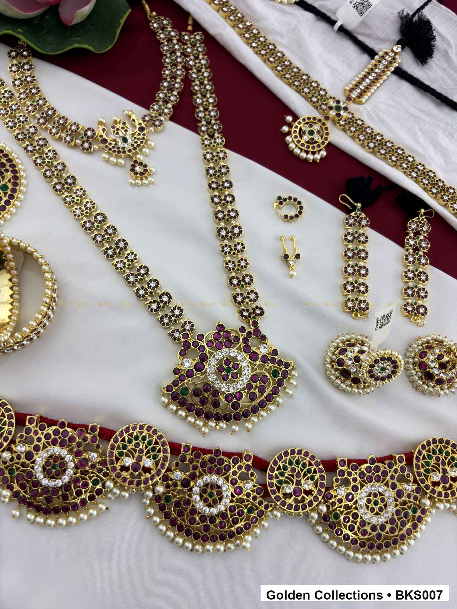 Nine-piece real kemp Bharatanatyam dance jewellery set with rakodi, belt and mattal alternate view showing necklace layers and accessories