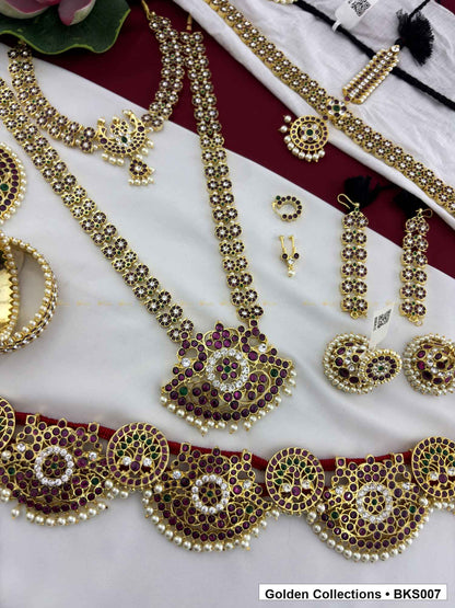 Nine-piece real kemp Bharatanatyam dance jewellery set with rakodi, belt and mattal alternate view showing necklace layers and accessories