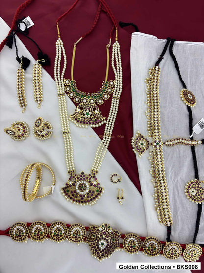 Eight-piece real kemp Bharatanatyam dance jewellery set with belt, mattal and bangles full set view