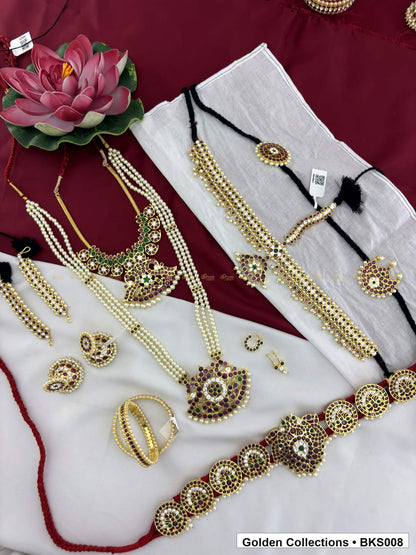 Eight-piece real kemp Bharatanatyam dance jewellery set with belt, mattal and bangles close view showing kemp stone work