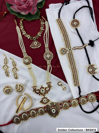 Real kemp Bharatanatyam dance jewellery set with bangles, belt and mattal full set view