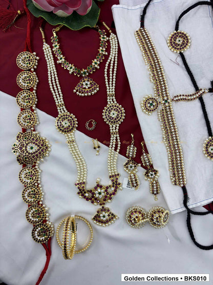 Real kemp Bharatanatyam dance jewellery set with bangles, belt and mattal close view showing kemp stone work