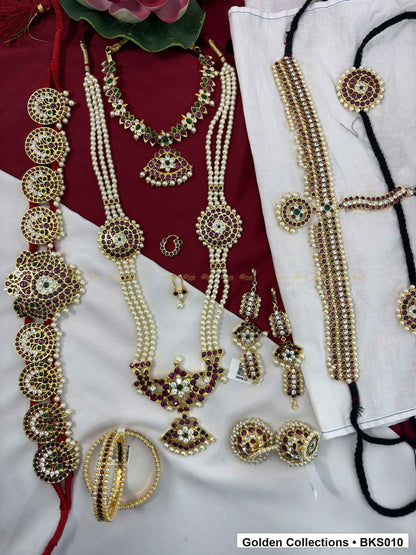 Real kemp Bharatanatyam dance jewellery set with bangles, belt and mattal alternate view showing necklace layers and accessories