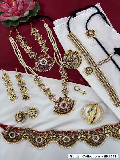 Nine-piece real kemp Bharatanatyam stage dance jewellery set with belt and rakodi full set view