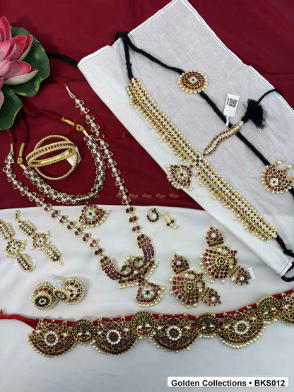 Nine-piece real kemp Bharatanatyam dance jewellery set with bajuband and belt full set view