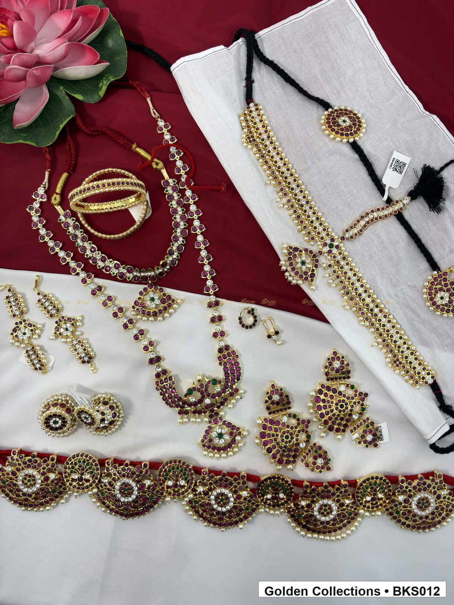 Nine-piece real kemp Bharatanatyam dance jewellery set with bajuband and belt close view showing kemp stone work