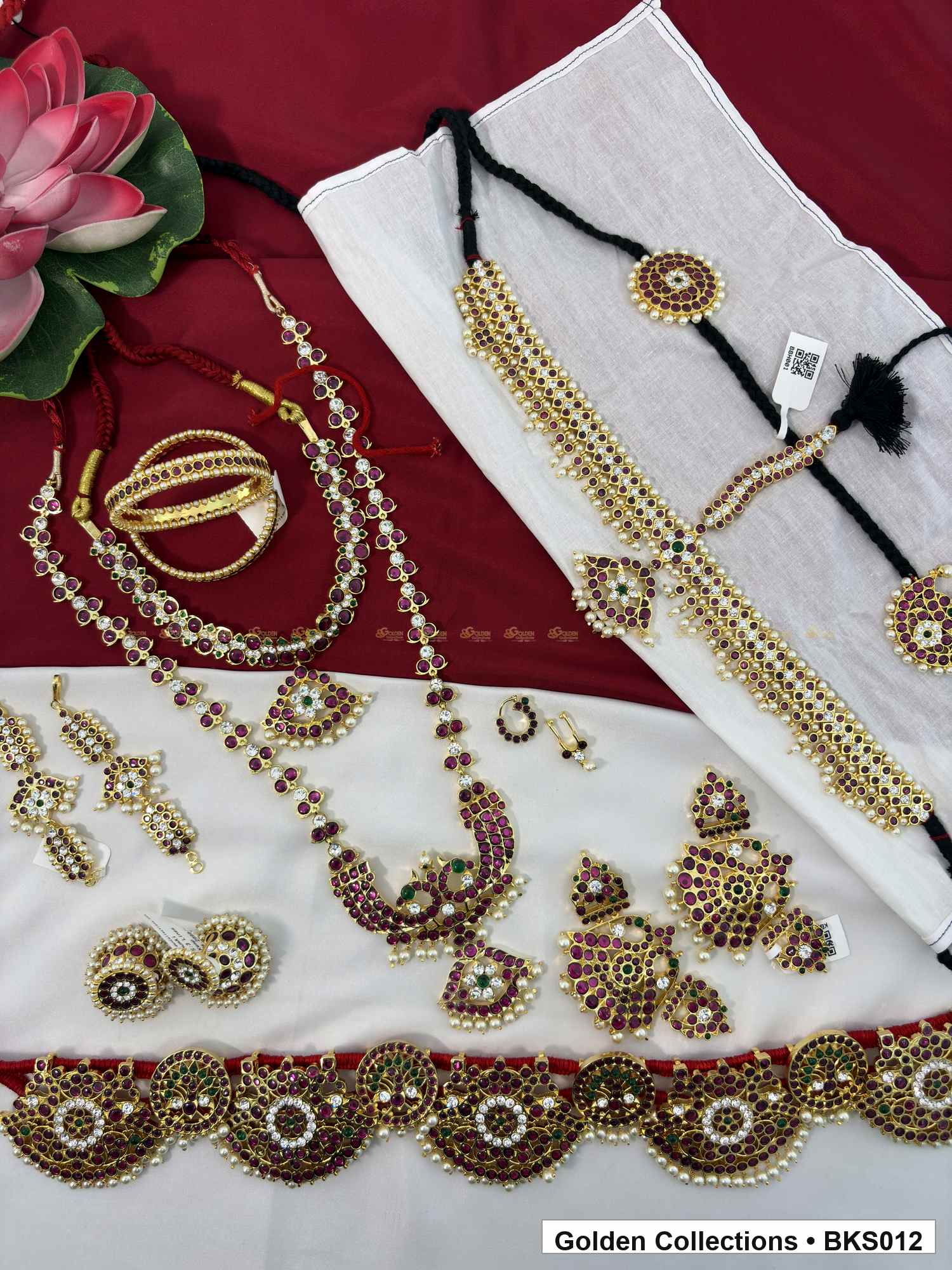 Nine-piece real kemp Bharatanatyam dance jewellery set with bajuband and belt alternate view showing necklace layers and accessories