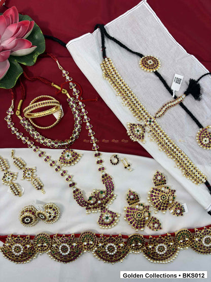 Nine-piece real kemp Bharatanatyam dance jewellery set with bajuband and belt alternate view showing necklace layers and accessories