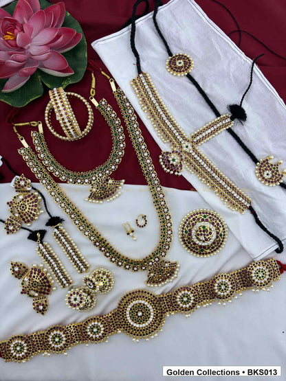 Ten-piece real kemp Bharatanatyam dance jewellery set with bajuband and rakodi full set view