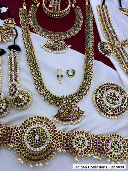 Ten-piece real kemp Bharatanatyam dance jewellery set with bajuband and rakodi close view showing kemp stone work